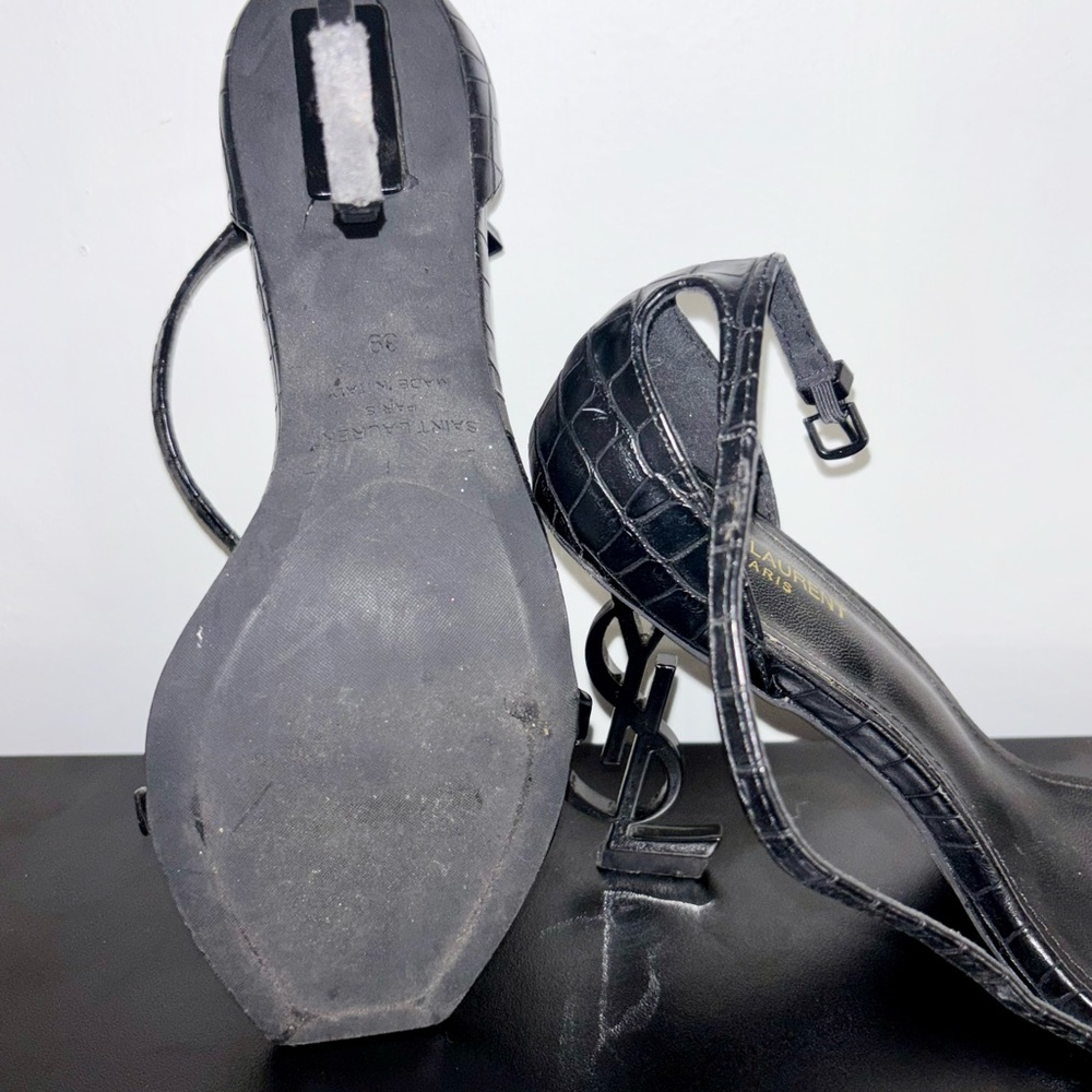 Saint Laurent Black Croc-Embossed YSL Logo Heel Sandal - Picture 4 of 4